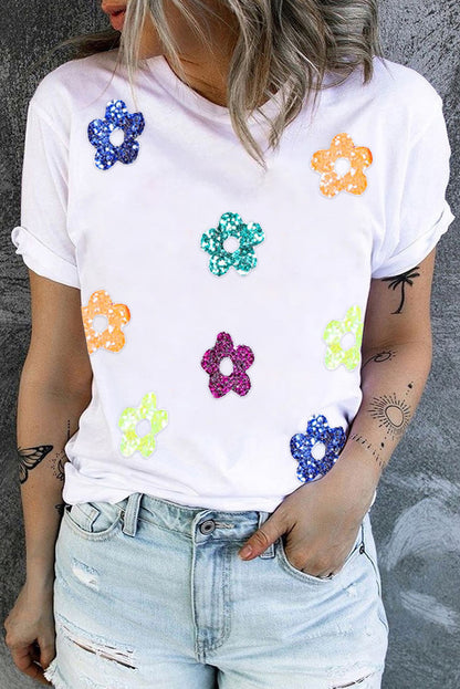 Camiseta de manga corta con cuello redondo y flores de lentejuelas
