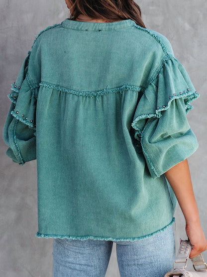 Jeansjacke mit Button-Down-Kragen und offenem Saum