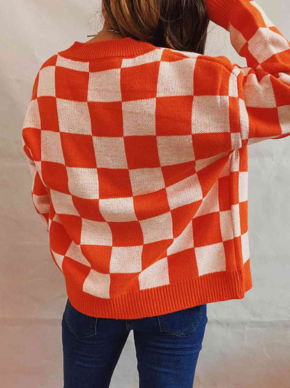 Checkered Open Front Button Up Cardigan
