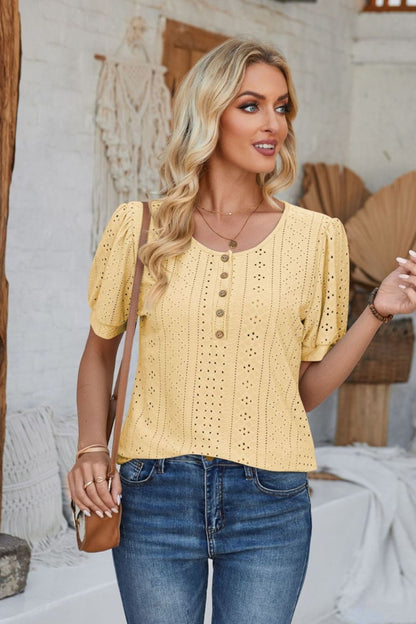 Eyelet Round Neck Short Sleeve Blouse