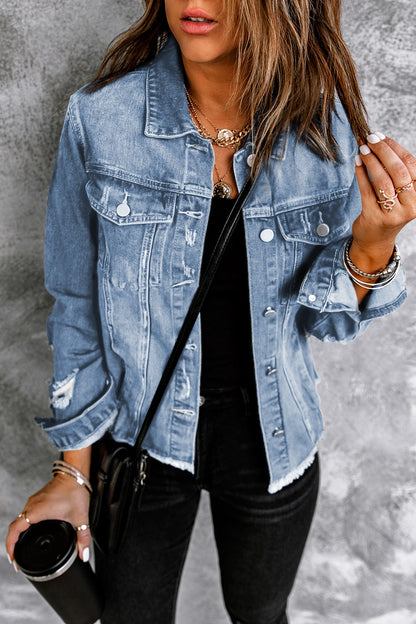 Jeansjacke mit Used-Look und offenem Saum