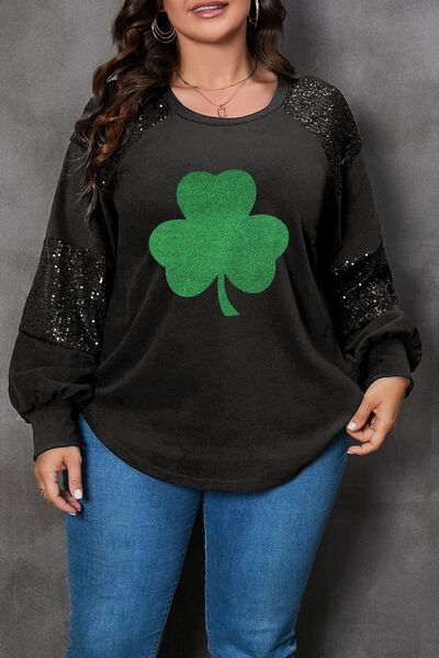 Blusa con cuello redondo y lentejuelas Lucky Clover de talla grande