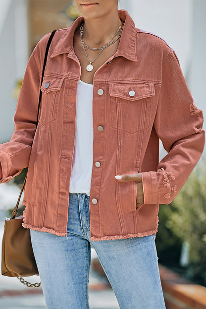 Jeansjacke mit Used-Look und offenem Saum