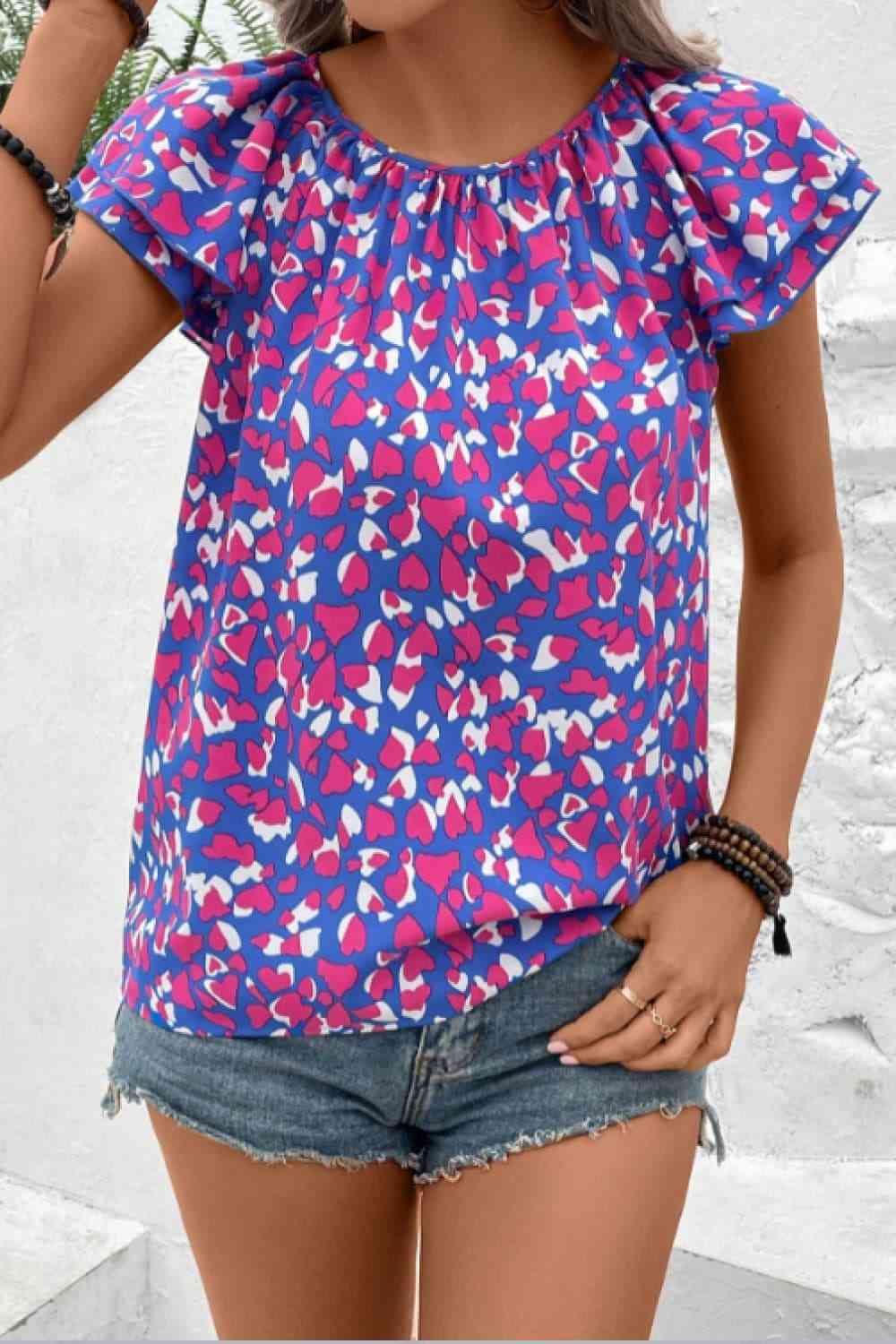 Bedruckte Bluse mit Rundhalsausschnitt und Flatterärmeln