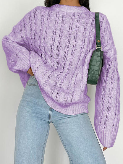 Durchbrochener Zopfmusterpullover mit runden Ärmeln