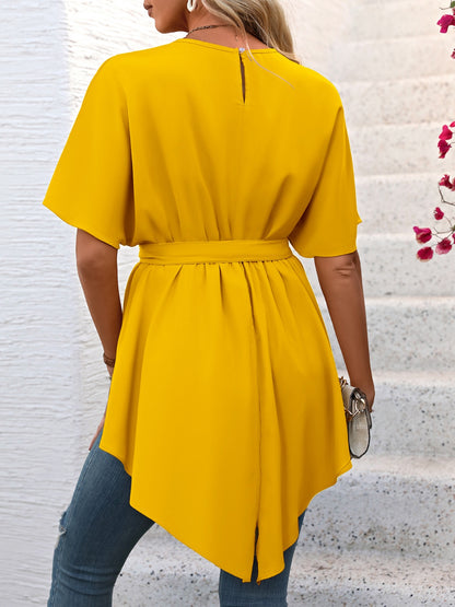 Bluse mit Rundhalsausschnitt und halblangen Ärmeln und Bindeband