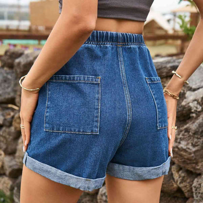 Jeansshorts mit hoher Taille und Kordelzug und Taschen