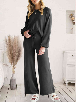 Set aus langärmligem Lounge-Top und Hose mit Kordelzug
