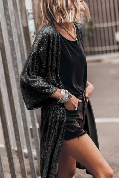 Duster-Cardigan mit offener Vorderseite und Pailletten