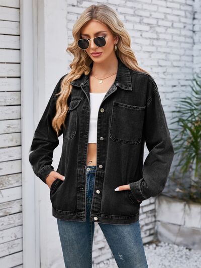 Jeansjacke mit abnehmbarer Kapuze und Knopfleiste, Taschen