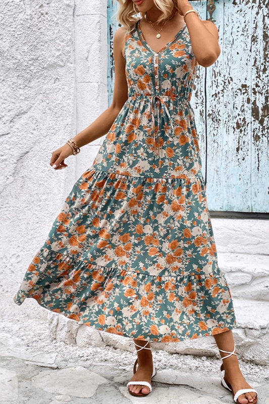 Ärmelloses Kleid mit Blumenmuster, V-Ausschnitt und Stufendesign