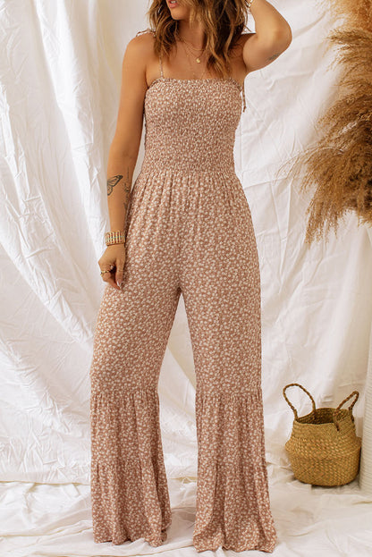 Jumpsuit mit Blumenmuster, Spaghettiträgern und weitem Bein, Smokarbeit