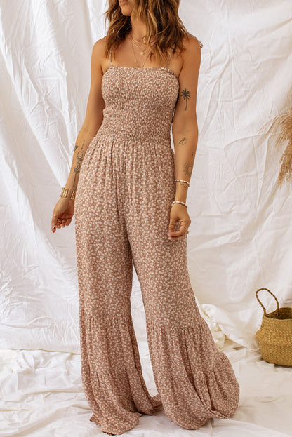 Jumpsuit mit Blumenmuster, Spaghettiträgern und weitem Bein, Smokarbeit