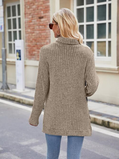 Geripptes Rollkragen-Langarm-Strickoberteil mit Schlitz