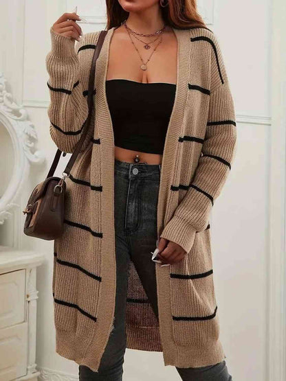 Gestreifter Longline-Cardigan mit offener Vorderseite in Übergröße