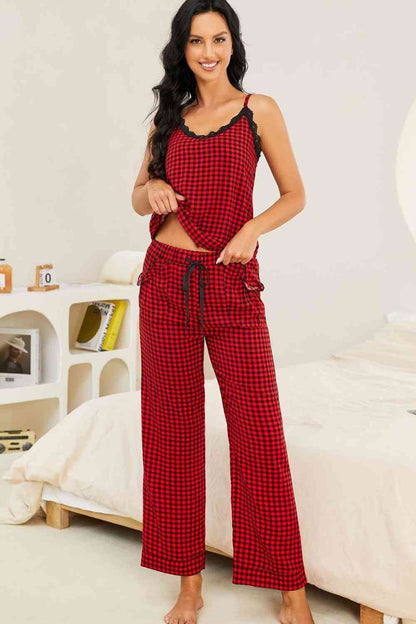 Pyjama-Set aus Camisole mit kariertem Spitzenbesatz und Hose mit Kordelzug