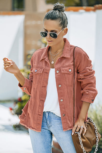 Jeansjacke mit Used-Look und offenem Saum