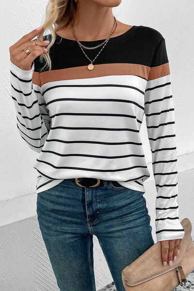 Gestreiftes Langarm-T-Shirt mit Rundhalsausschnitt