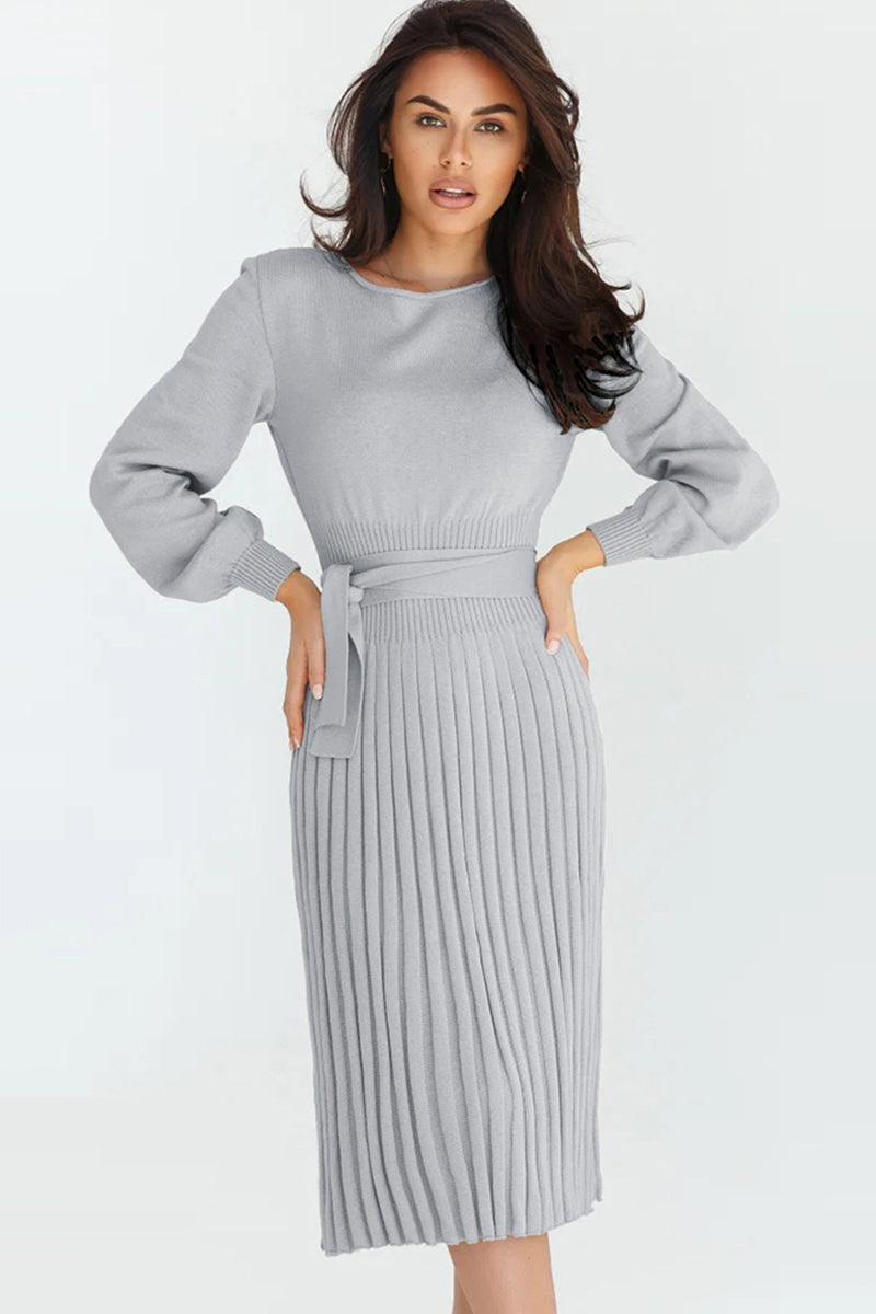 fitted lace wedding dress Round Neck Long Sleeve Pleated Sweater Dress – Collections for Her