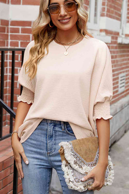 Bluse mit Rundhalsausschnitt, gesmokten Laternenärmeln