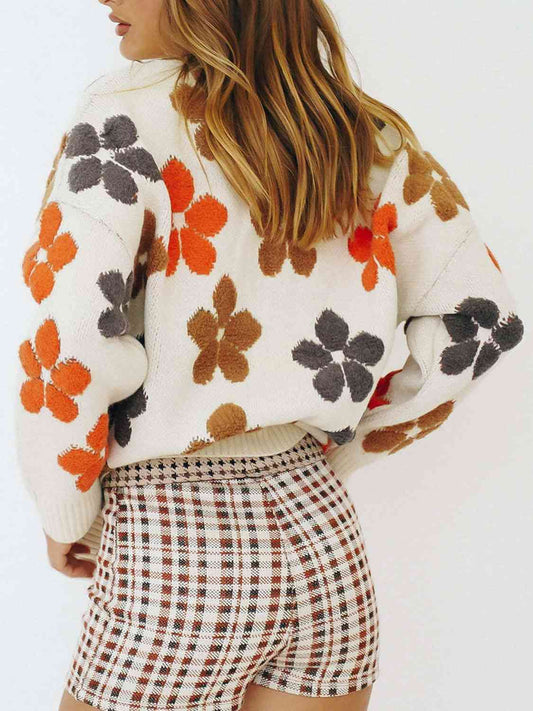 Strickjacke mit Blumenmuster, V-Ausschnitt und Knopfleiste, langen Ärmeln