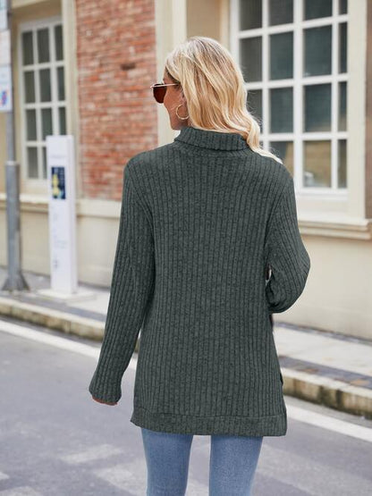 Geripptes Rollkragen-Langarm-Strickoberteil mit Schlitz