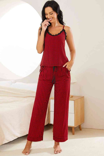 Pyjama-Set aus Camisole mit kariertem Spitzenbesatz und Hose mit Kordelzug