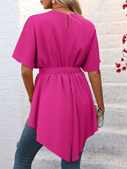 Bluse mit Rundhalsausschnitt und halblangen Ärmeln und Bindeband