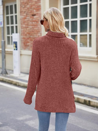 Geripptes Rollkragen-Langarm-Strickoberteil mit Schlitz