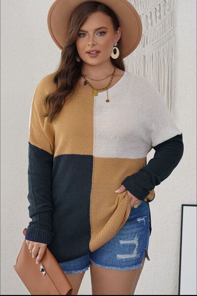 Suéter con cuello redondo y bloques de color de talla grande