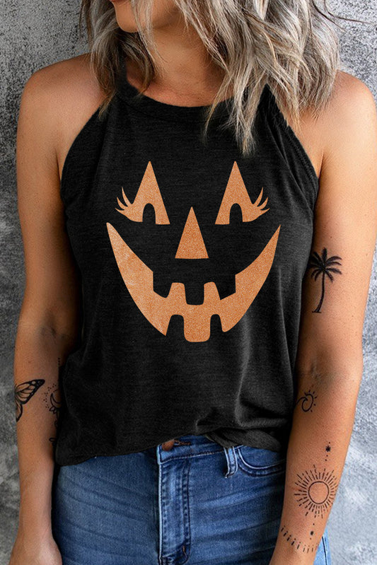 Top sin mangas con estampado de Jack-O'-Lantern y cuello redondo