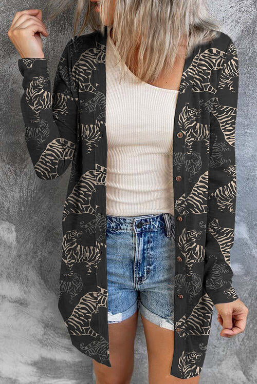 Langärmlige Strickjacke mit Tiger-Print und Knopfleiste