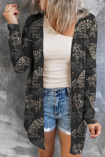 Langärmlige Strickjacke mit Tiger-Print und Knopfleiste