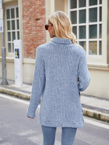 Geripptes Rollkragen-Langarm-Strickoberteil mit Schlitz