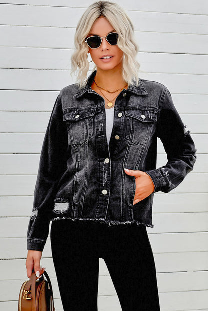 Jeansjacke mit Used-Look und offenem Saum