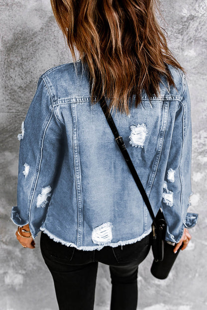 Jeansjacke mit Used-Look und offenem Saum